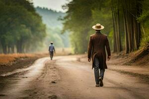 un hombre en un sombrero y Saco caminando abajo un suciedad la carretera. generado por ai foto