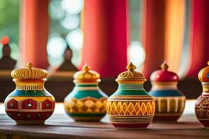 colorful ceramic pots on a wooden table. AI-Generated photo