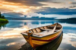 un barco se sienta en el apuntalar de un lago a puesta de sol. generado por ai foto