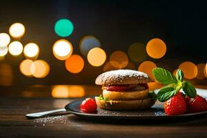 a hamburger with strawberries and a fork on a plate. AI-Generated photo