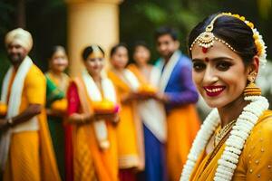 a bride in yellow and orange wedding dress with her bridesmaids. AI-Generated photo