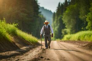 a man in a hat and suit walking down a dirt road. AI-Generated photo