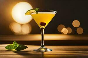 cocktail on a wooden table with blurred background. AI-Generated photo