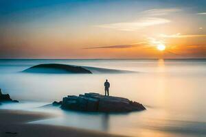 un hombre en pie en un rock a el playa a puesta de sol. generado por ai foto