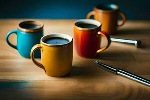 three coffee cups and a pen on a wooden table. AI-Generated photo