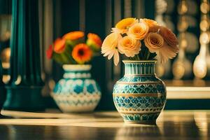 two vases with flowers sitting on a table. AI-Generated photo