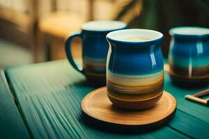 two coffee cups on a wooden table. AI-Generated photo