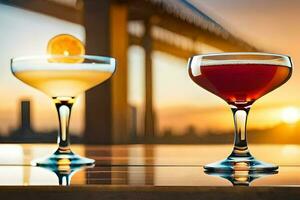 two cocktails sit on a table in front of a bridge. AI-Generated photo