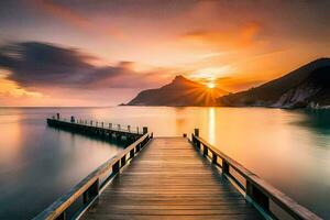 a long exposure photo of a dock at sunset. AI-Generated