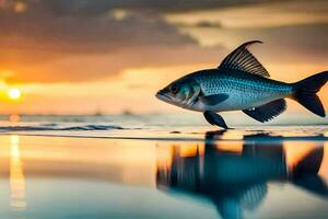 un pescado es en pie en el playa a puesta de sol. generado por ai foto