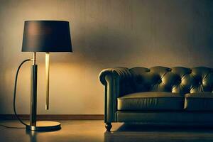 a lamp is sitting on a wooden floor next to a couch. AI-Generated photo