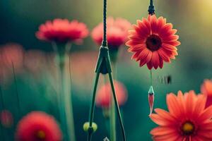 red flowers hanging from a string in a field. AI-Generated photo