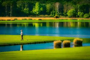 a man is playing golf on a green field with water and trees. AI-Generated photo