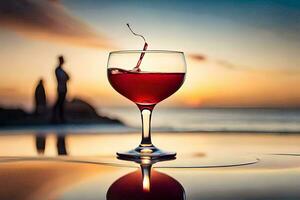 un vaso de rojo vino en el playa a puesta de sol. generado por ai foto