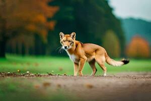 a red dog standing on a dirt road in the middle of a field. AI-Generated photo