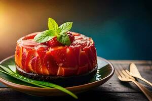 a strawberry cake with strawberries and mint on a plate. AI-Generated photo