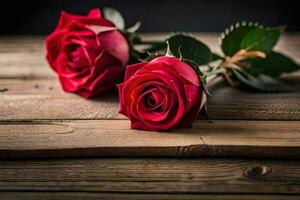 two red roses on a wooden table. AI-Generated photo