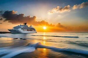 a cruise ship in the ocean at sunset. AI-Generated photo