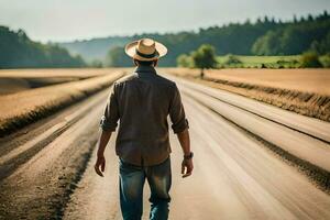 hombre caminando en un la carretera. generado por ai foto