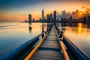 a wooden pier leads to the city skyline at sunset. AI-Generated photo