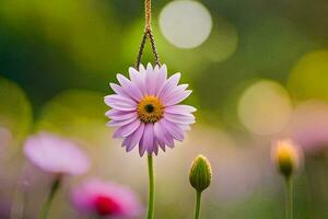 a pink flower is hanging from a necklace. AI-Generated photo