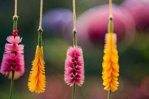 vistoso flores colgando desde instrumentos de cuerda en un jardín. generado por ai foto