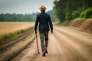 un hombre en un traje y sombrero caminando abajo un suciedad la carretera. generado por ai foto