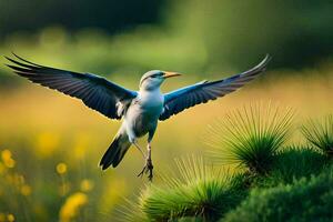 un pájaro volador terminado un campo de césped. generado por ai foto