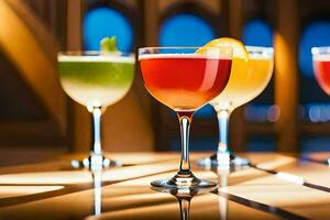 four different colored cocktails sit in glasses on a table. AI-Generated photo