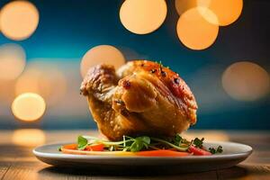 a chicken on a plate with a bokeh background. AI-Generated photo