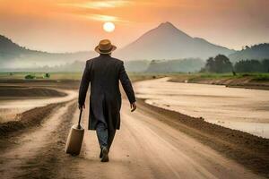 a man in a suit and hat walking down a dirt road with a suitcase. AI-Generated photo