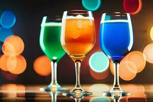 three glasses of colored drinks on a table. AI-Generated photo