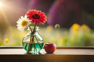 flowers in a vase and an apple on a table. AI-Generated photo