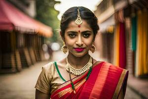 un hermosa joven mujer en un tradicional sari. generado por ai foto