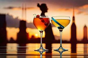 two cocktails on a rooftop with a city skyline in the background. AI-Generated photo