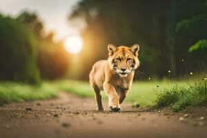 a tiger walking down a dirt road in the middle of the forest. AI-Generated photo