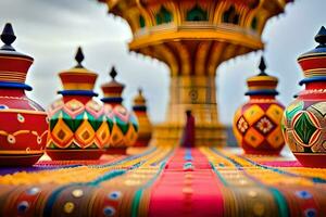 colorful vases on a table with a tower in the background. AI-Generated photo