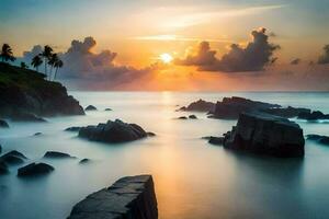 sunset over the ocean with rocks and palm trees. AI-Generated photo