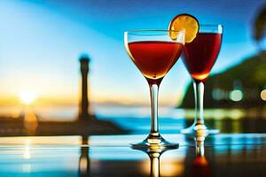 two glasses of wine with a sunset in the background. AI-Generated photo