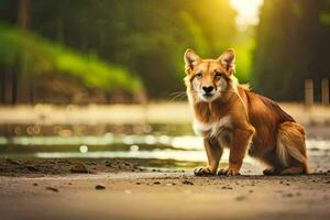 a dog sitting on the ground near a river. AI-Generated photo