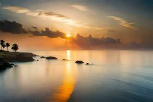 the sun sets over the ocean and a beach. AI-Generated photo