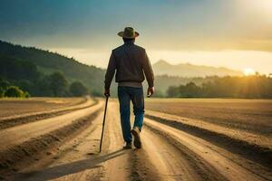 un hombre caminando en un suciedad la carretera con un caña. generado por ai foto