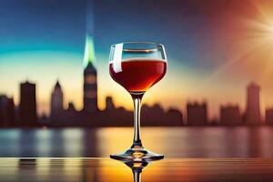 a glass of wine on a table in front of a city skyline. AI-Generated photo