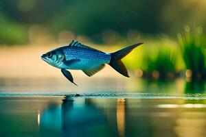 a fish is flying over water in the morning. AI-Generated photo