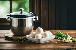 eggs in a bowl and a pressure cooker on a table. AI-Generated photo