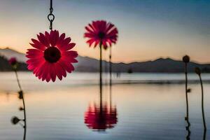 a pink flower is hanging from a hook in the water. AI-Generated photo