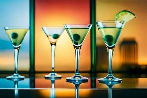 four martini glasses with olives and a lime. AI-Generated photo