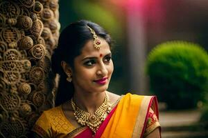 beautiful indian bride in traditional saree. AI-Generated photo