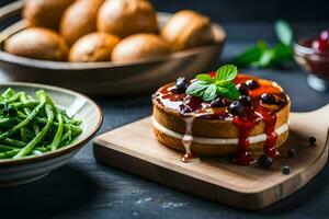 a cake with berries and green beans on a cutting board. AI-Generated photo