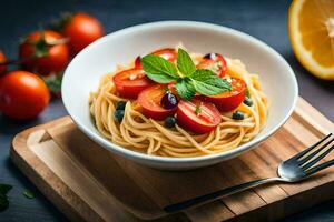 spaghetti with tomatoes and basil leaves in a bowl. AI-Generated photo